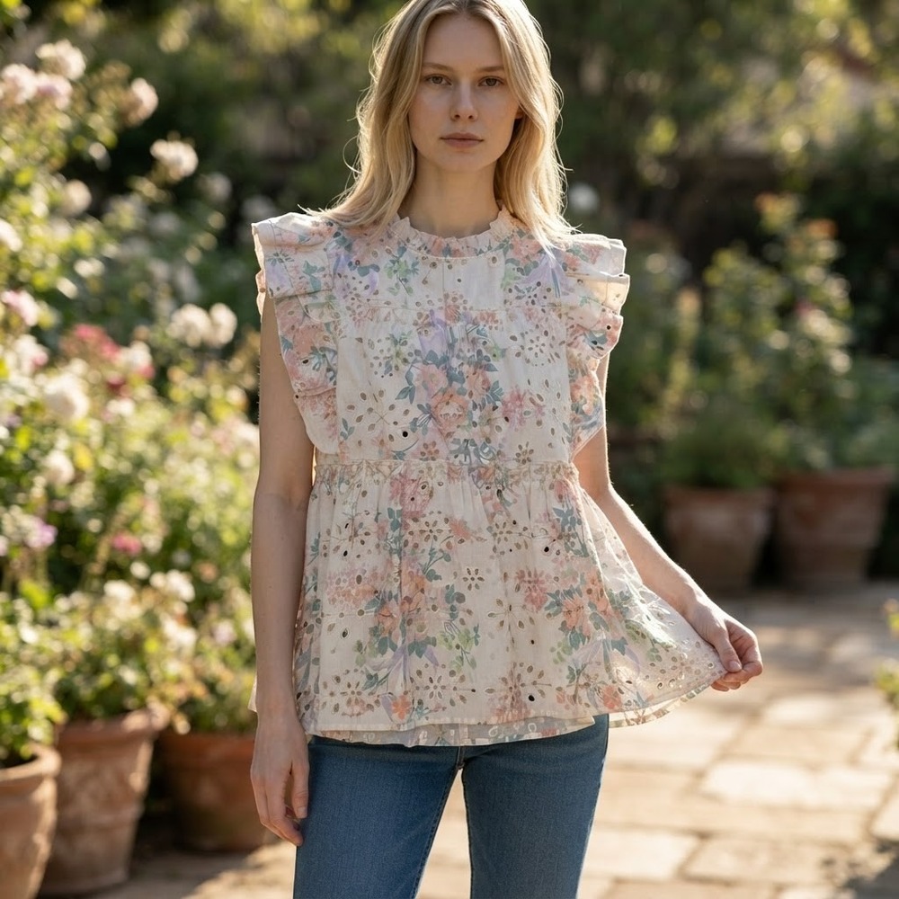 Kim Floral Top‎ Tiered Cottagecore Boho Peasant Medium Ruffles Short Sleeve